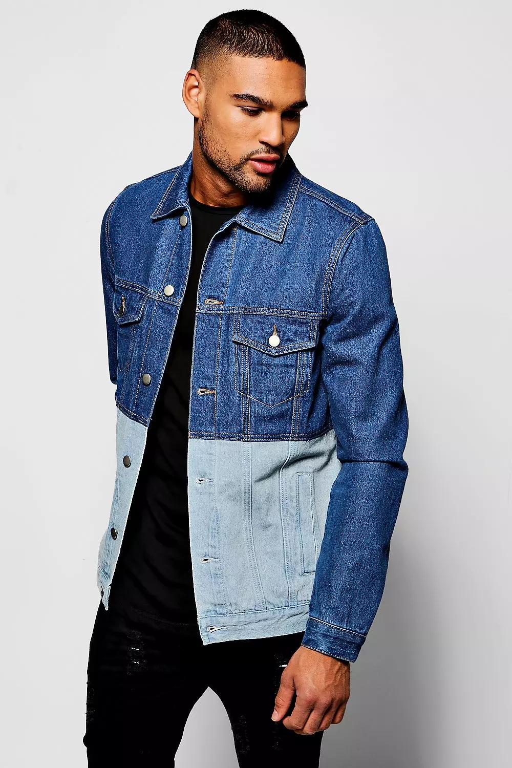 Mid Blue Half Half Denim Jacket boohooMAN UK